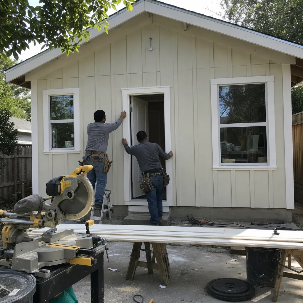Two builders installing trim on the exterior of a modern ADU structure