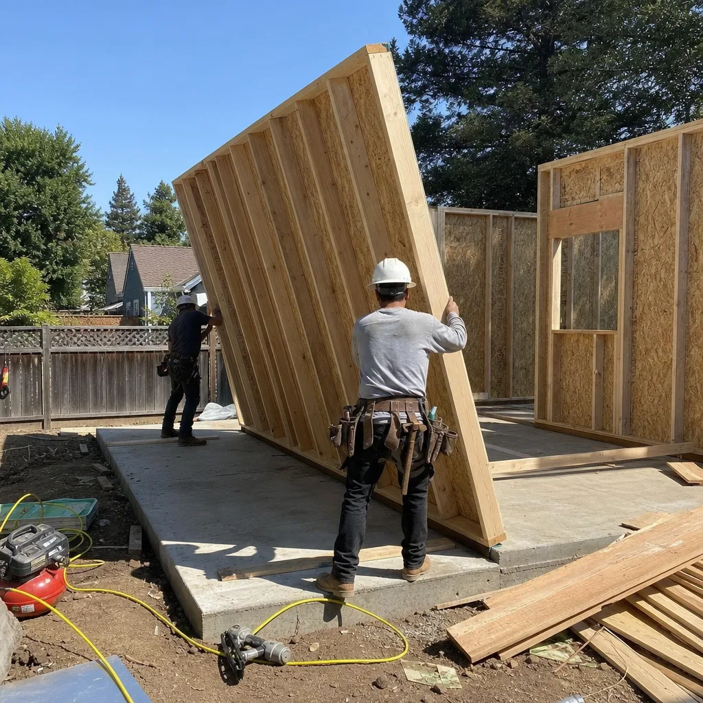 Professional builders installing an ADU wall frame on a concrete foundation
