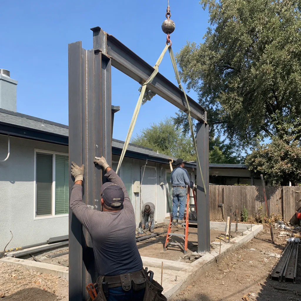construction workers installing a steel frame for an ADU build