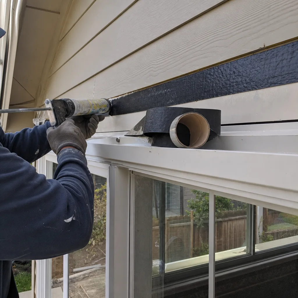 professional contractor applying waterproof sealant to a home addition exterior