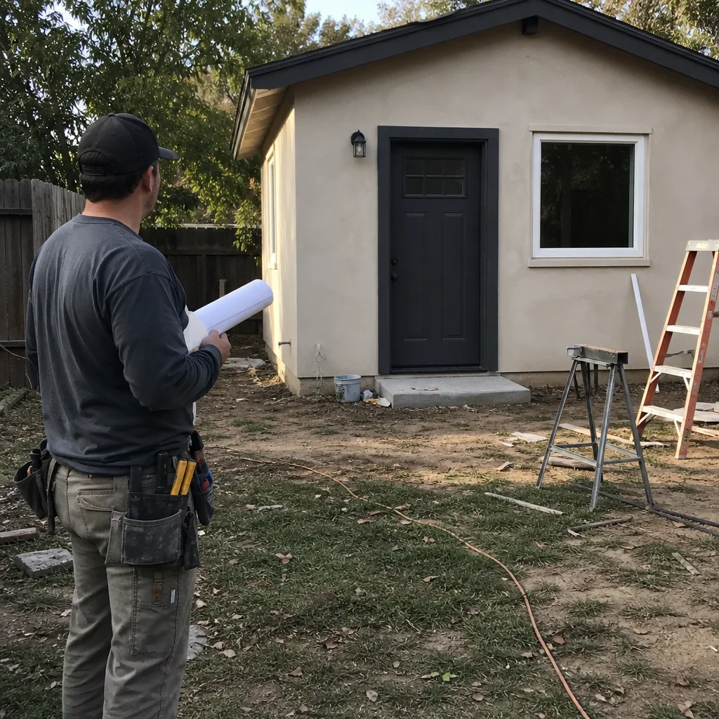 Contractor reviewing blueprints for a new backyard accessory dwelling unit