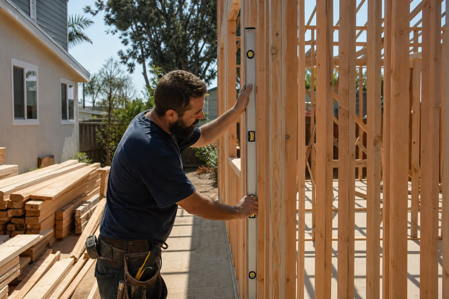 A framer checking new wall framing on a home addition