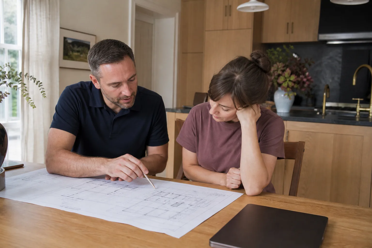 A project lead going over permit drawings with a homeowner